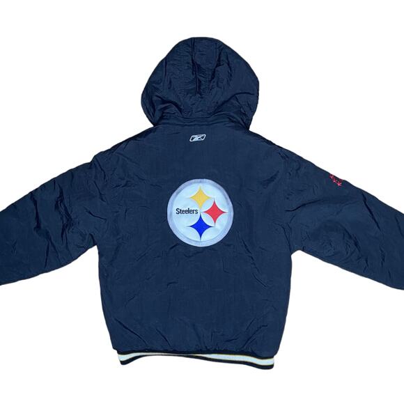 Vintage Reebok Steelers Oversized Coat with Hood Kids size Large 14 16 Nylon - Picture 2 of 7